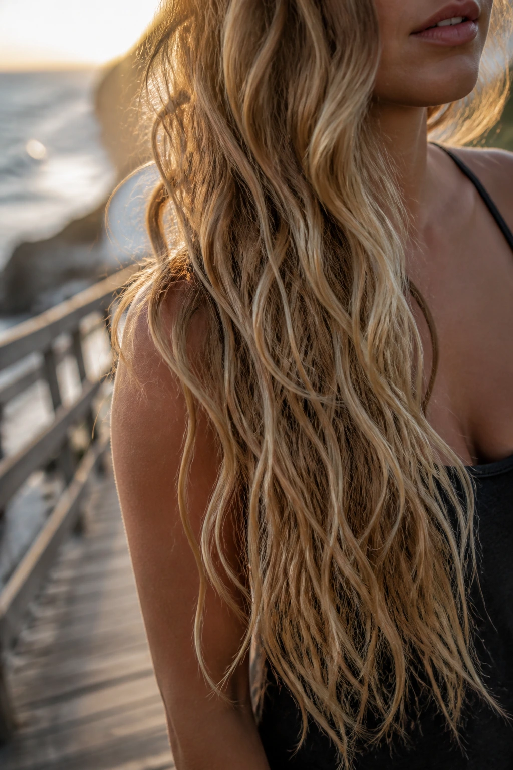 Close-up of textured salted-ends waves on a real woman's long hair outdoors at golden hour.