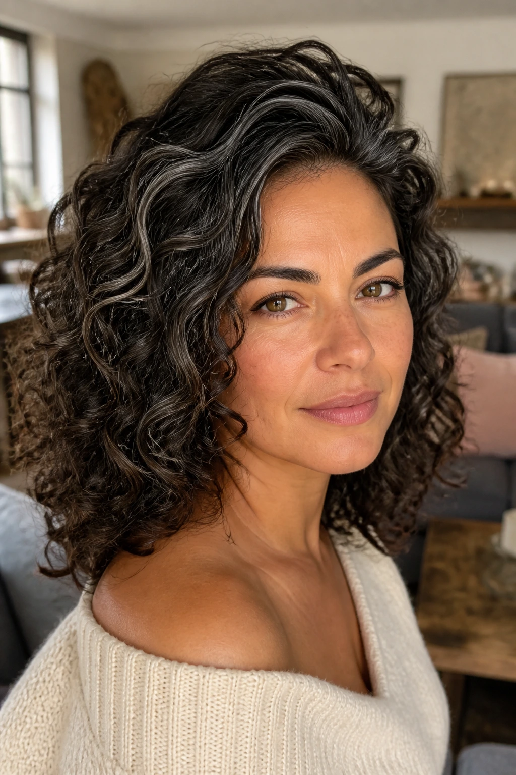 Close-up portrait of a woman with salted espresso curls and silver threads on olive skin