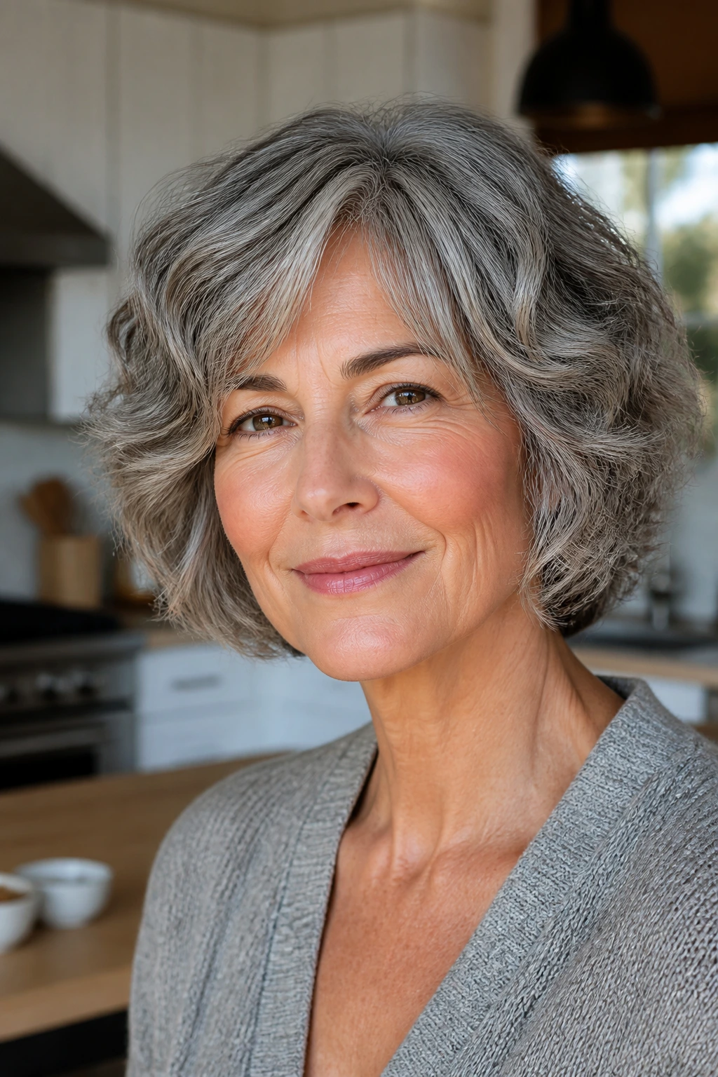 Real woman with salt-and-pepper rounded shag bob.