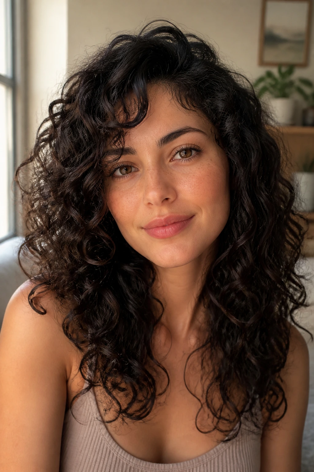 Portrait of a real person with the same curly cut styled with a side part