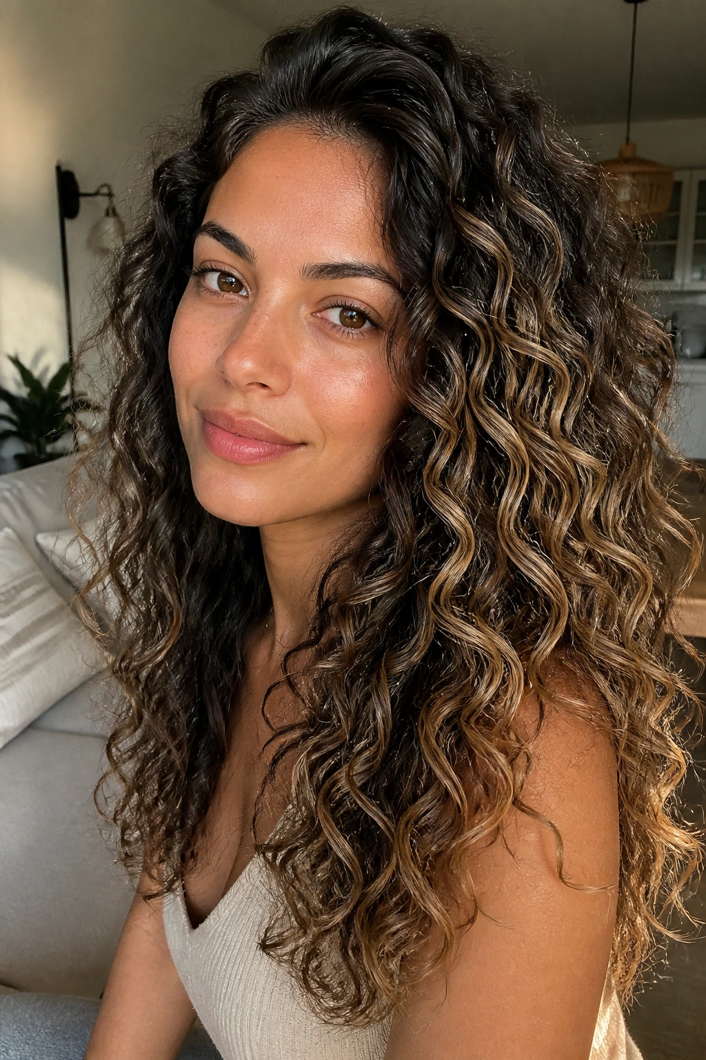 Close-up of long curls with sand beige balayage on brunette base in natural daylight