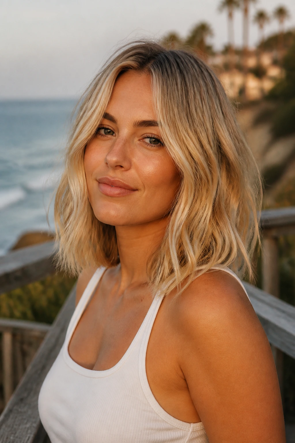 Three-quarter portrait of a real woman with a sand beige beach lob and soft waves