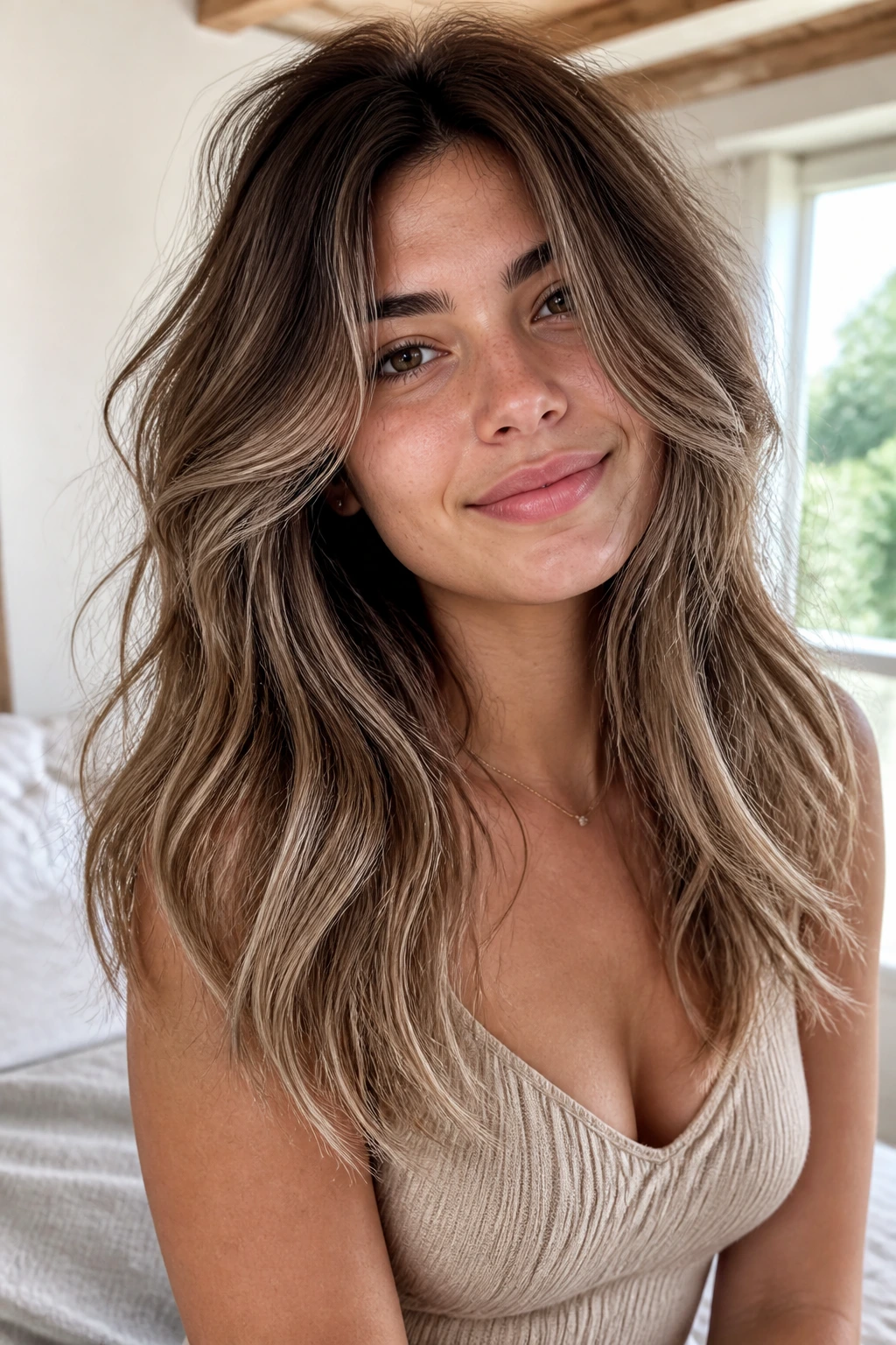 Close-up of a real woman with Sand Beige Brunette hair and powdery ends.