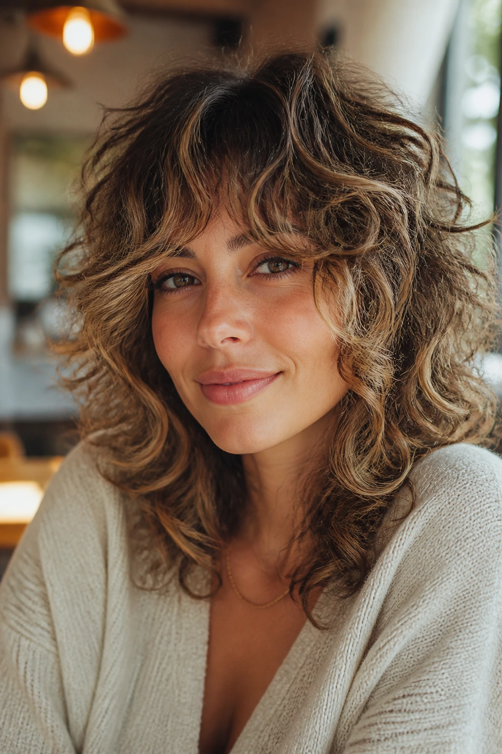 Real woman with curly hair and soft curtain bangs with sand beige highlights.