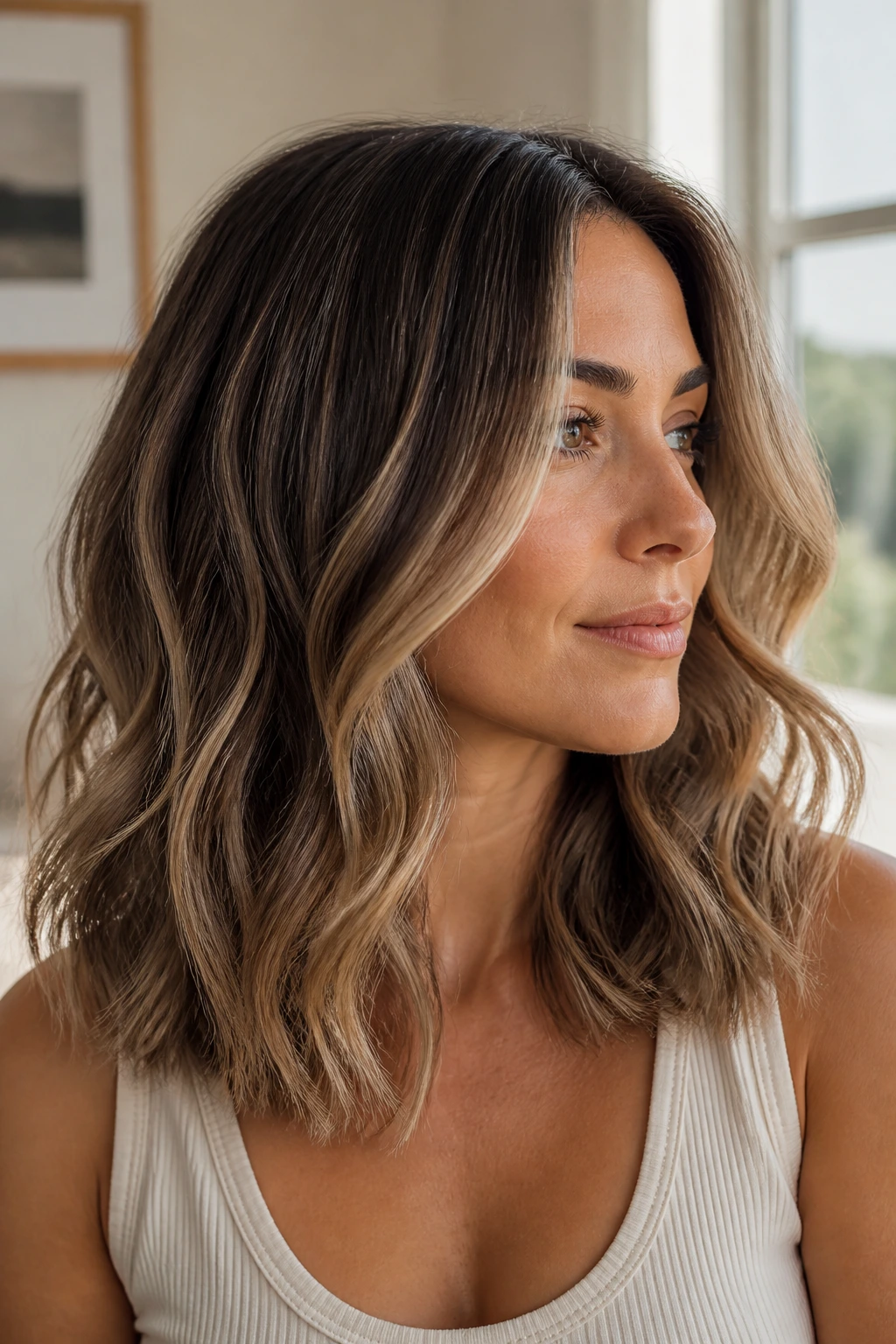 Close-up portrait of a real woman with brunette mid-length waves and sand beige highlights