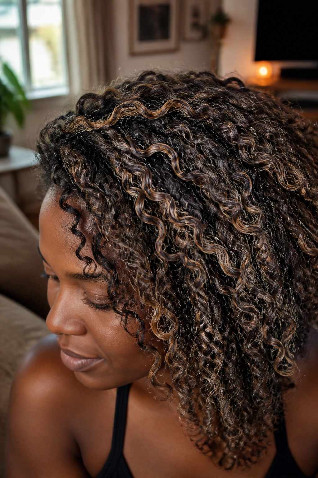 Close-up of a deep-skinned woman showing sand beige ribbon highlights in curly hair.