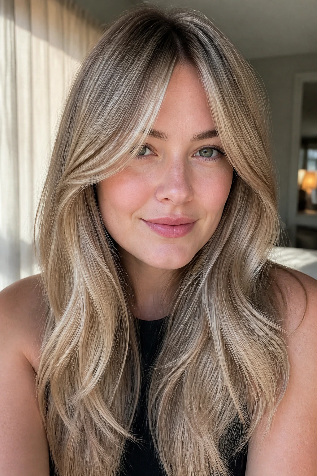 Close-up of real woman with sand blonde curtain balayage and curtain bangs