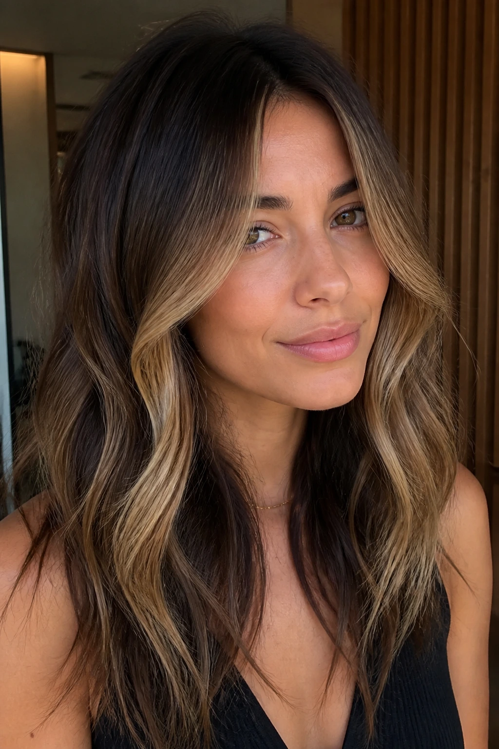 Real person with sand blonde face-framing layers in warm natural light