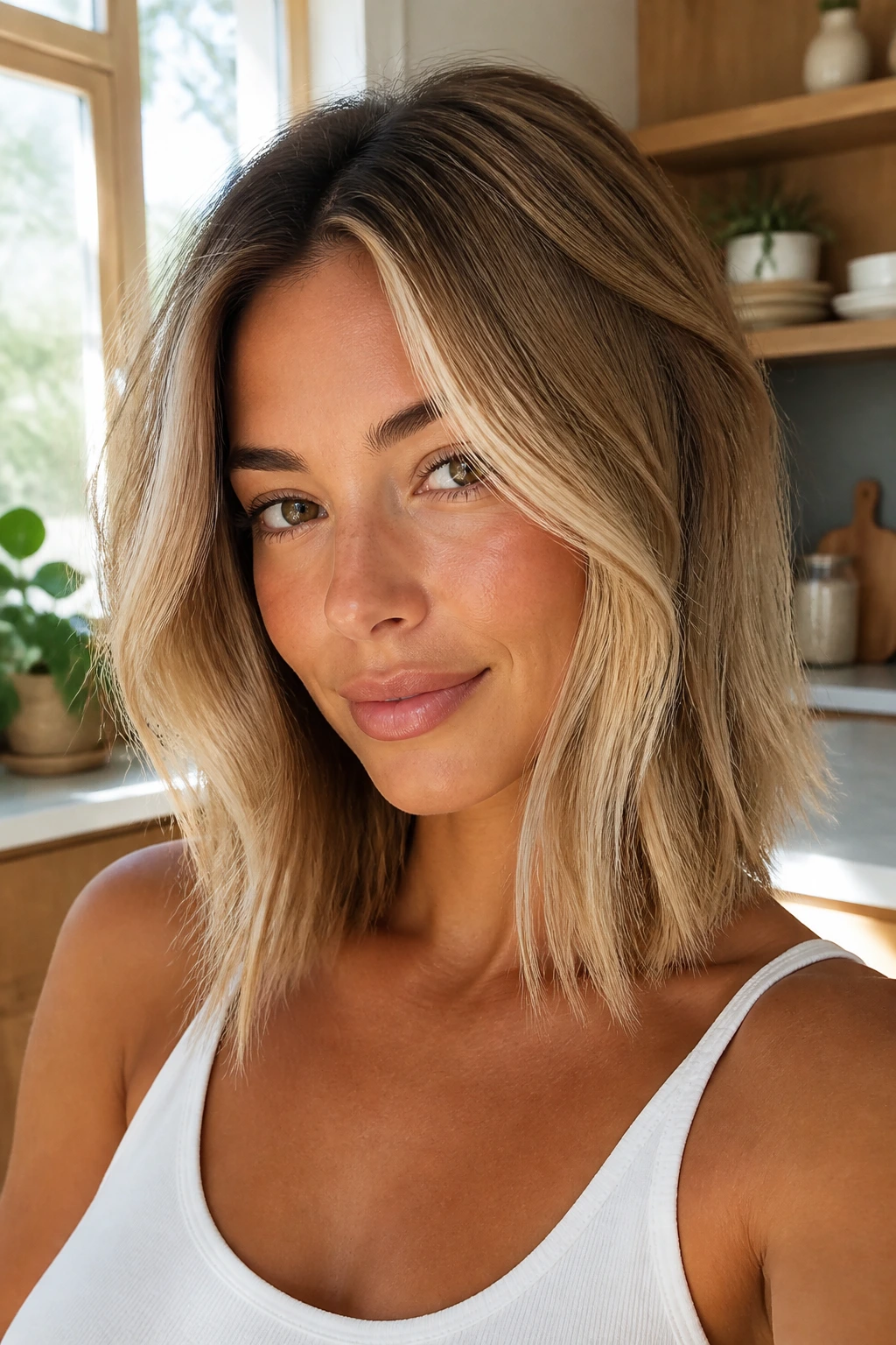 Close-up portrait of a real woman with sand blonde face-framing lob for tan skin