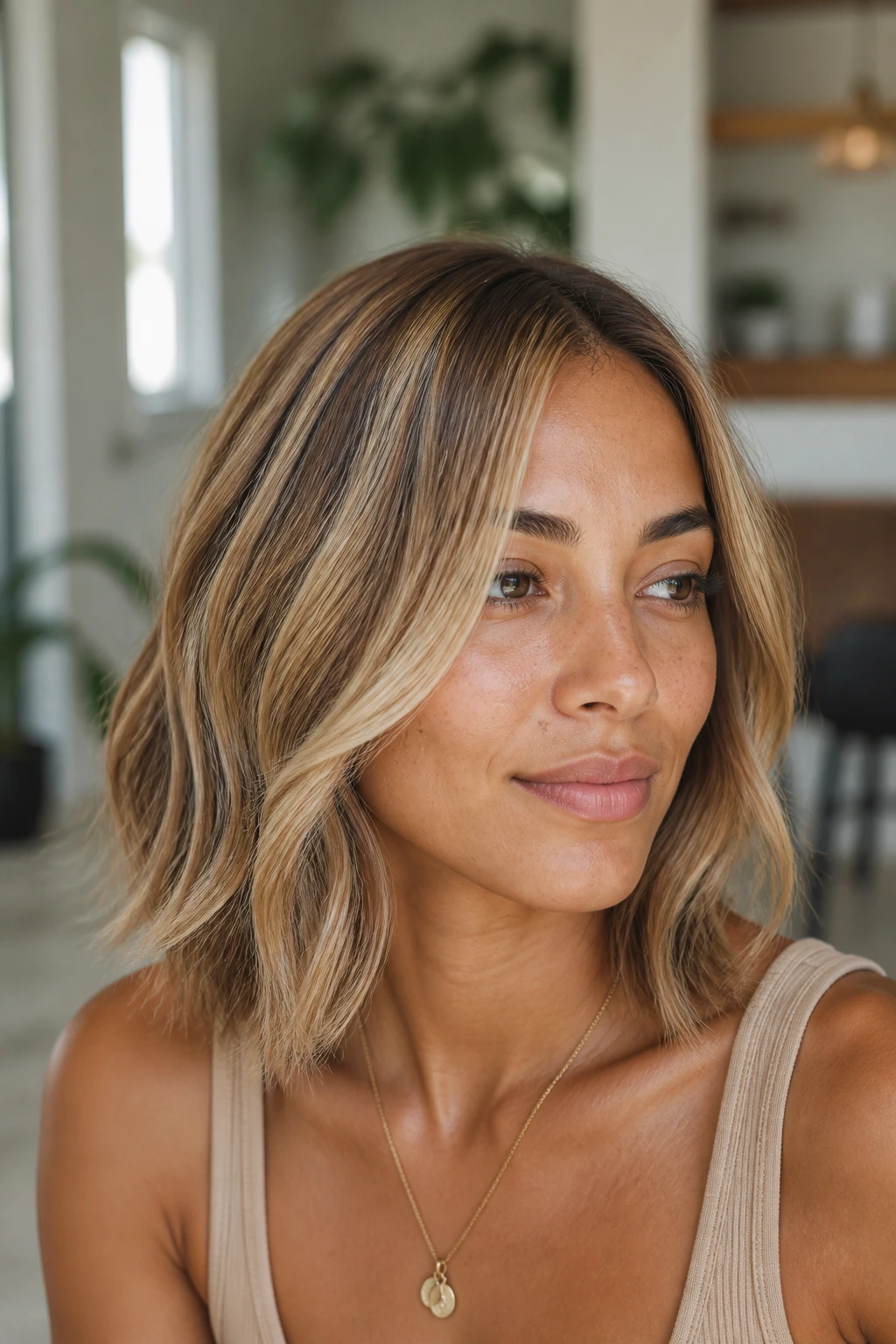 Real woman with sand blonde foils in shoulder-length hair under warm indoor light
