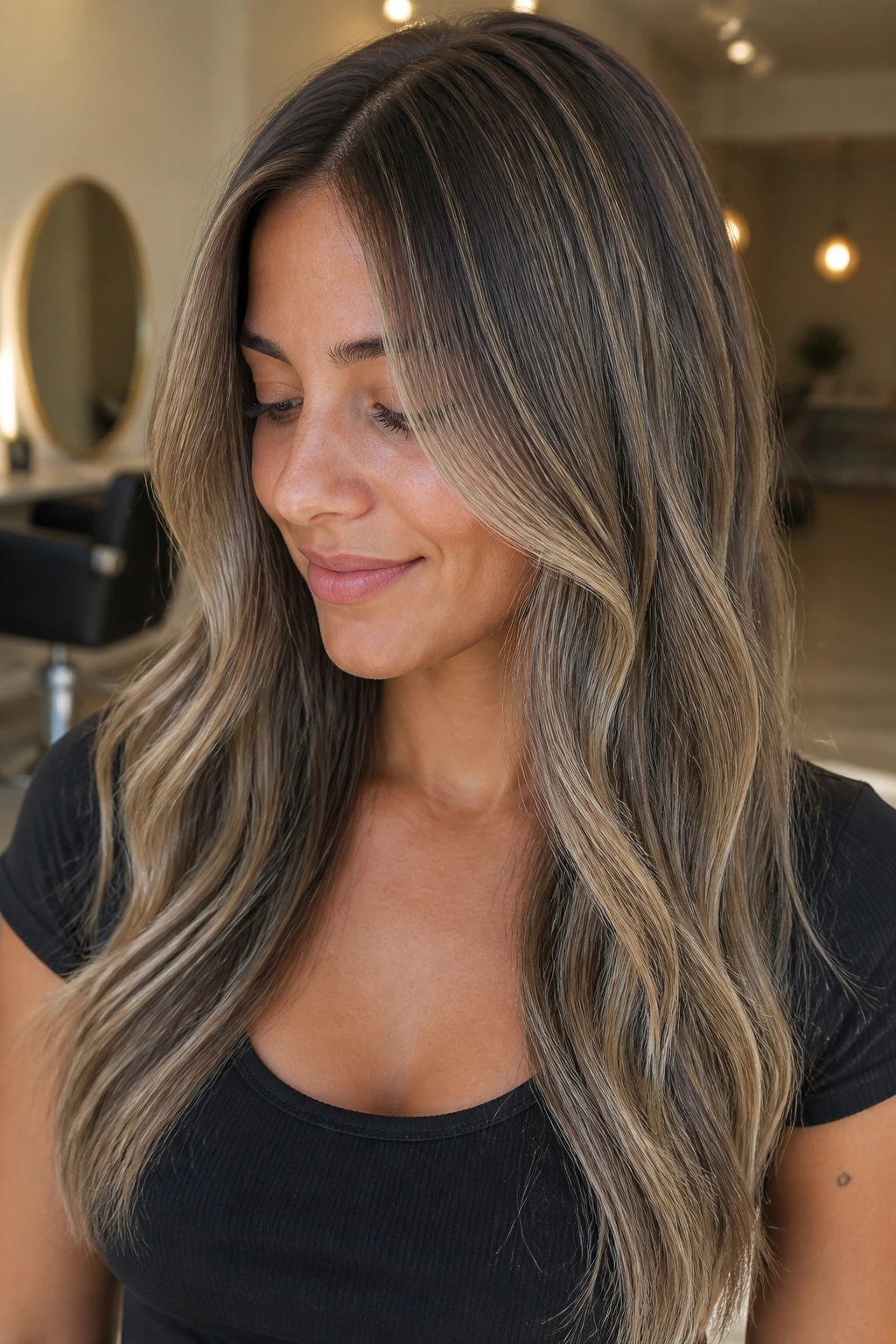Close-up portrait of a woman with sand blonde micro-weave highlights