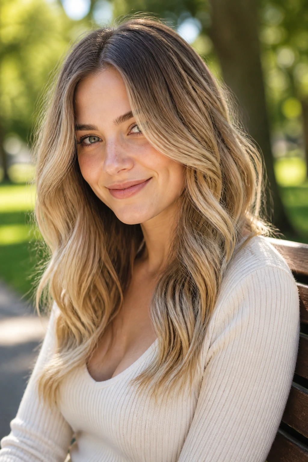 Close-up portrait of a real person with sand bronde hair and caramel ends