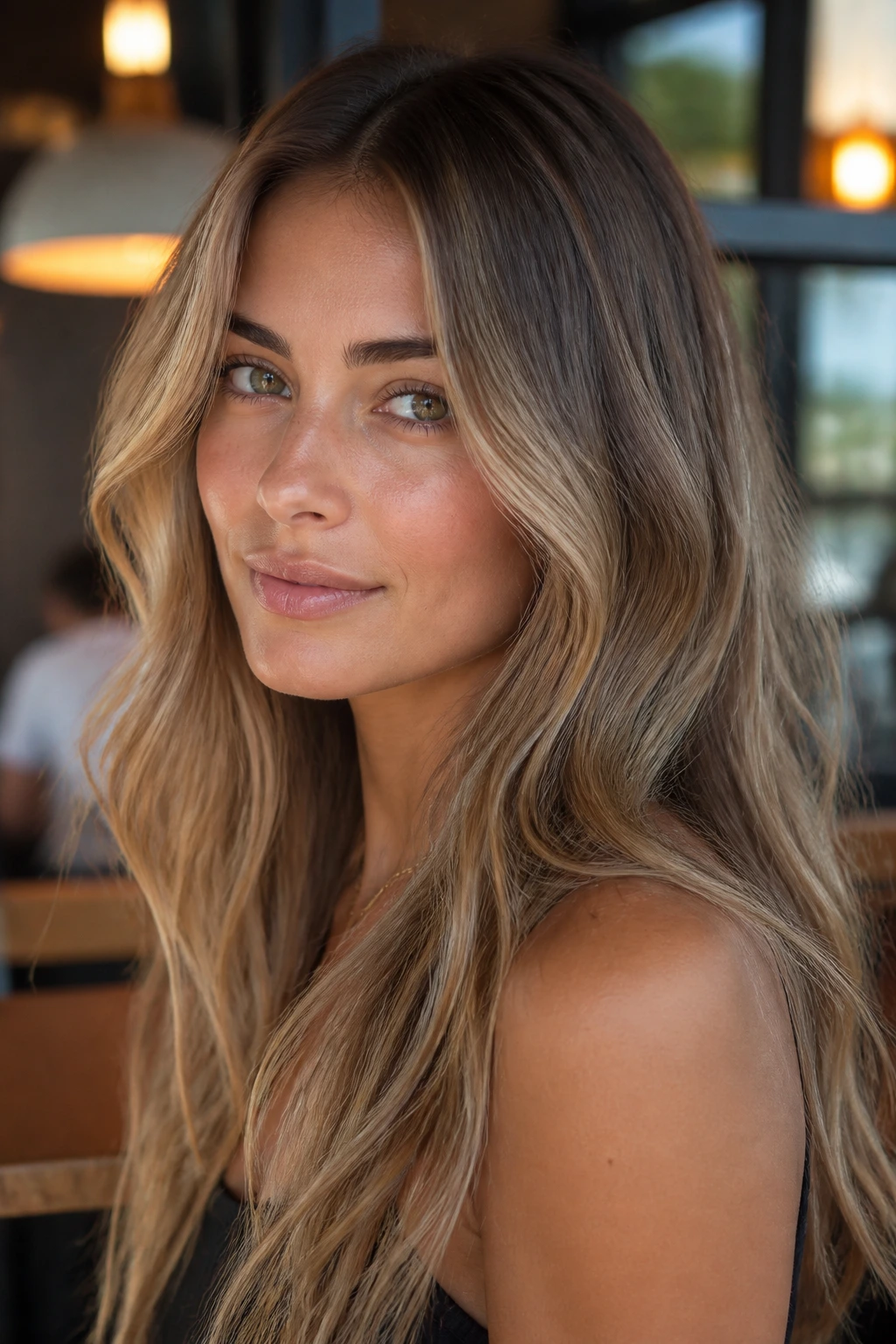 Portrait of a real woman with sand bronde hair and soft lowlights in a warm, sunlit setting