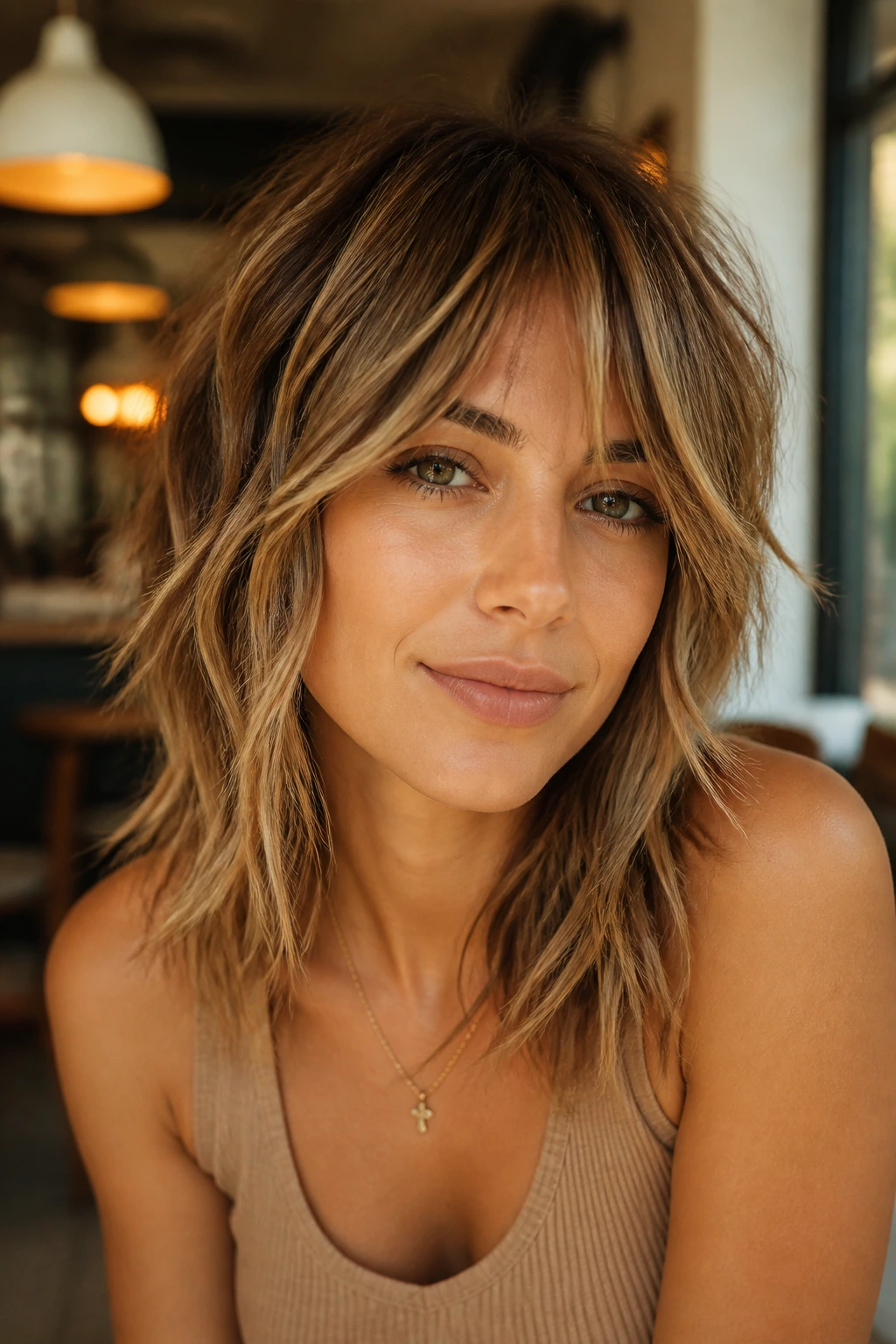 Real woman with sand bronde shag haircut in warm cafe light