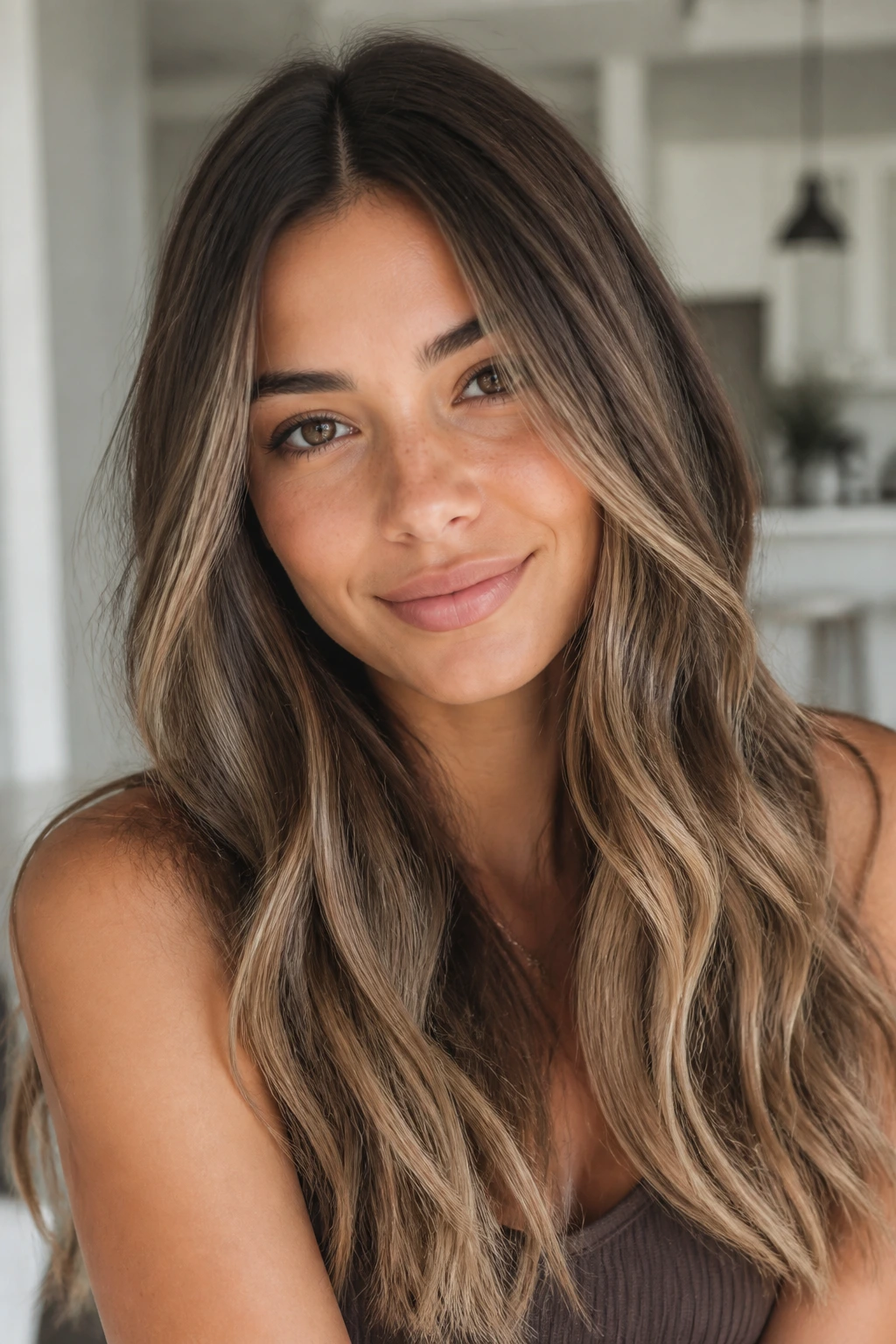 Close-up of a real woman with cool sand-brown brunette hair and subtle beige tones.