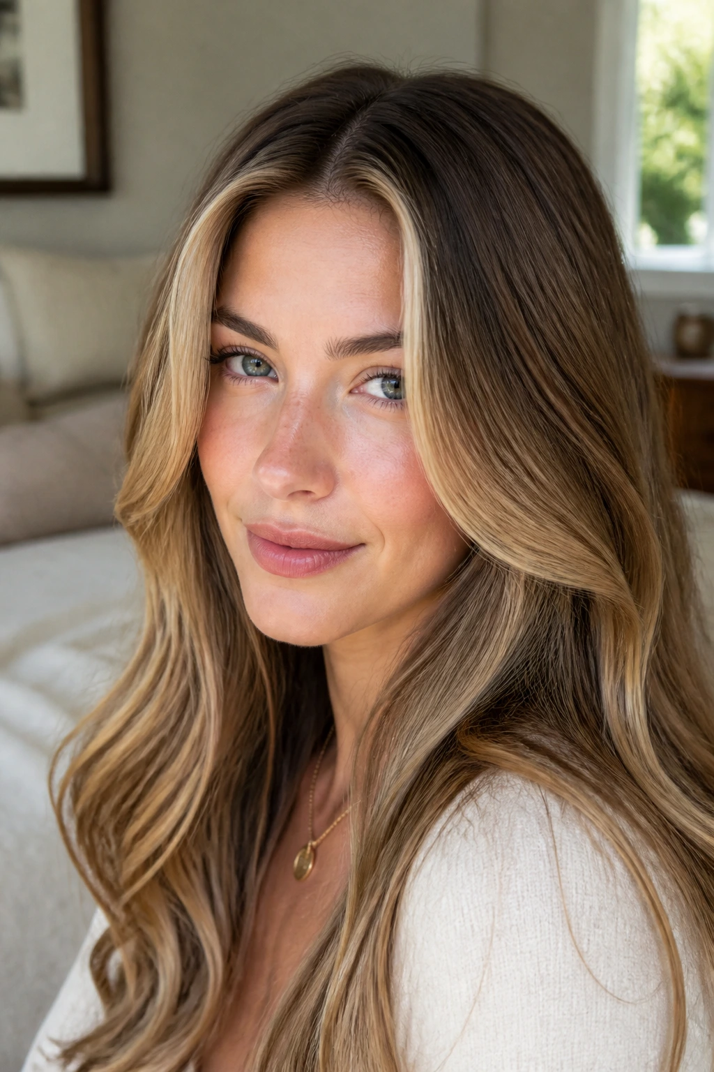 Close-up of a real woman with sand-caramel curtain highlights framing the face