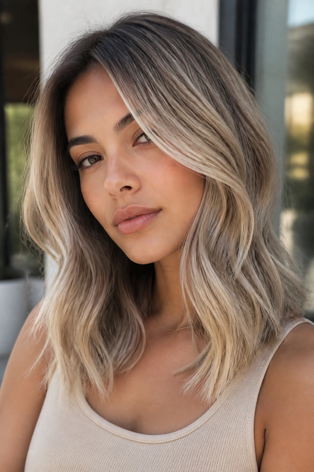 Portrait of a woman with sand-dune balayage on medium skin