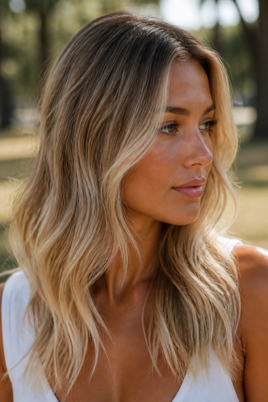 Close-up of a real woman with sand-root Nordic blonde on tan skin