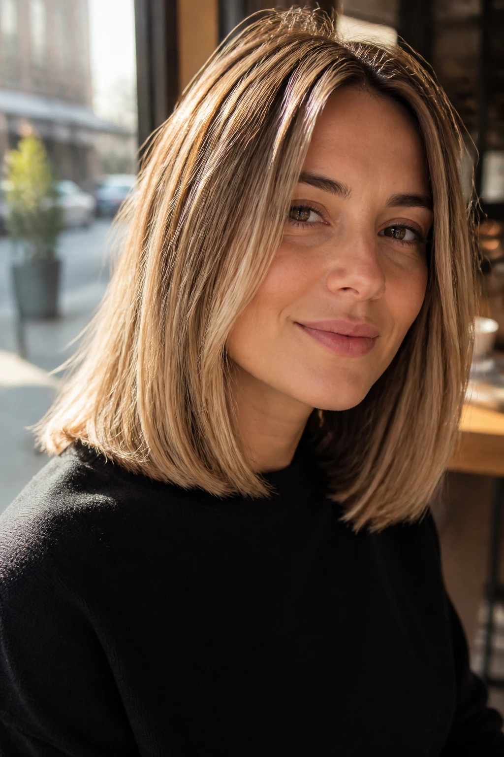 Portrait of a real woman with sand-soft caramel lob