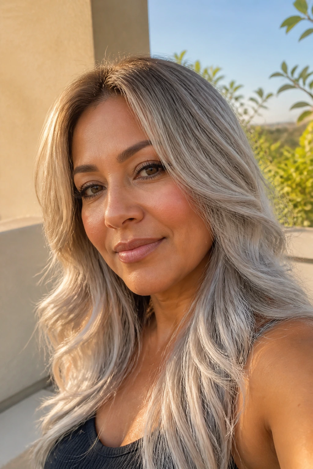 Close-up of a real person with warm sandy roots fading to silver