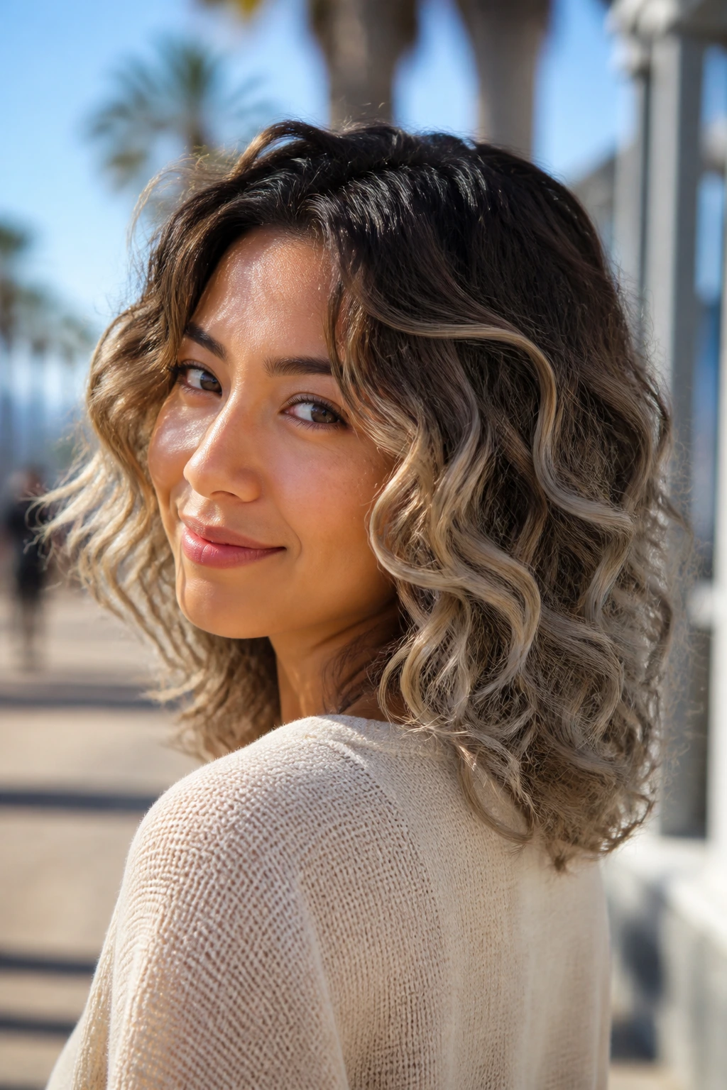 Close-up of a real woman with sand-to-smoke ombré curls