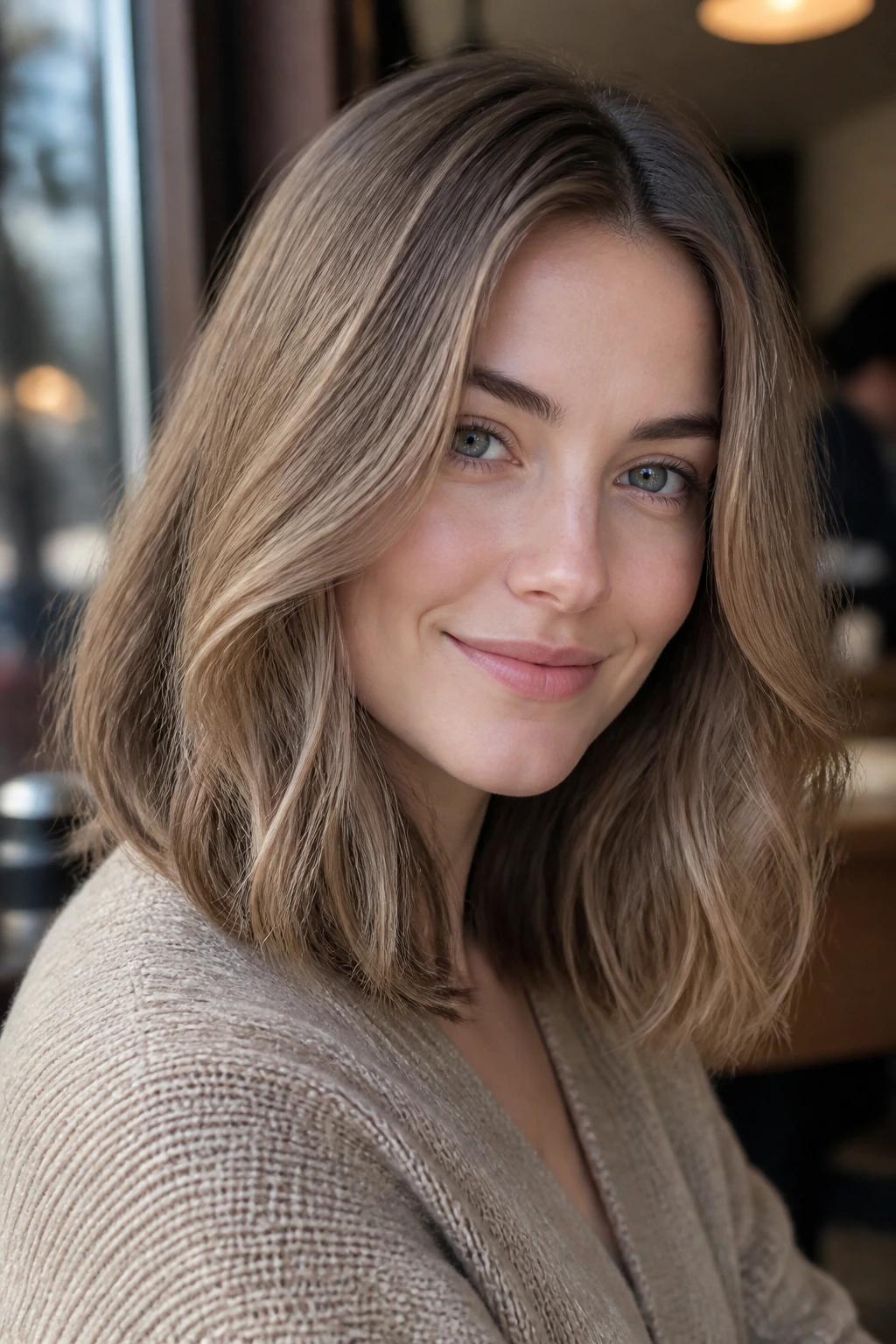 Portrait of a woman with sandalwood beige-brown hair in cafe window light