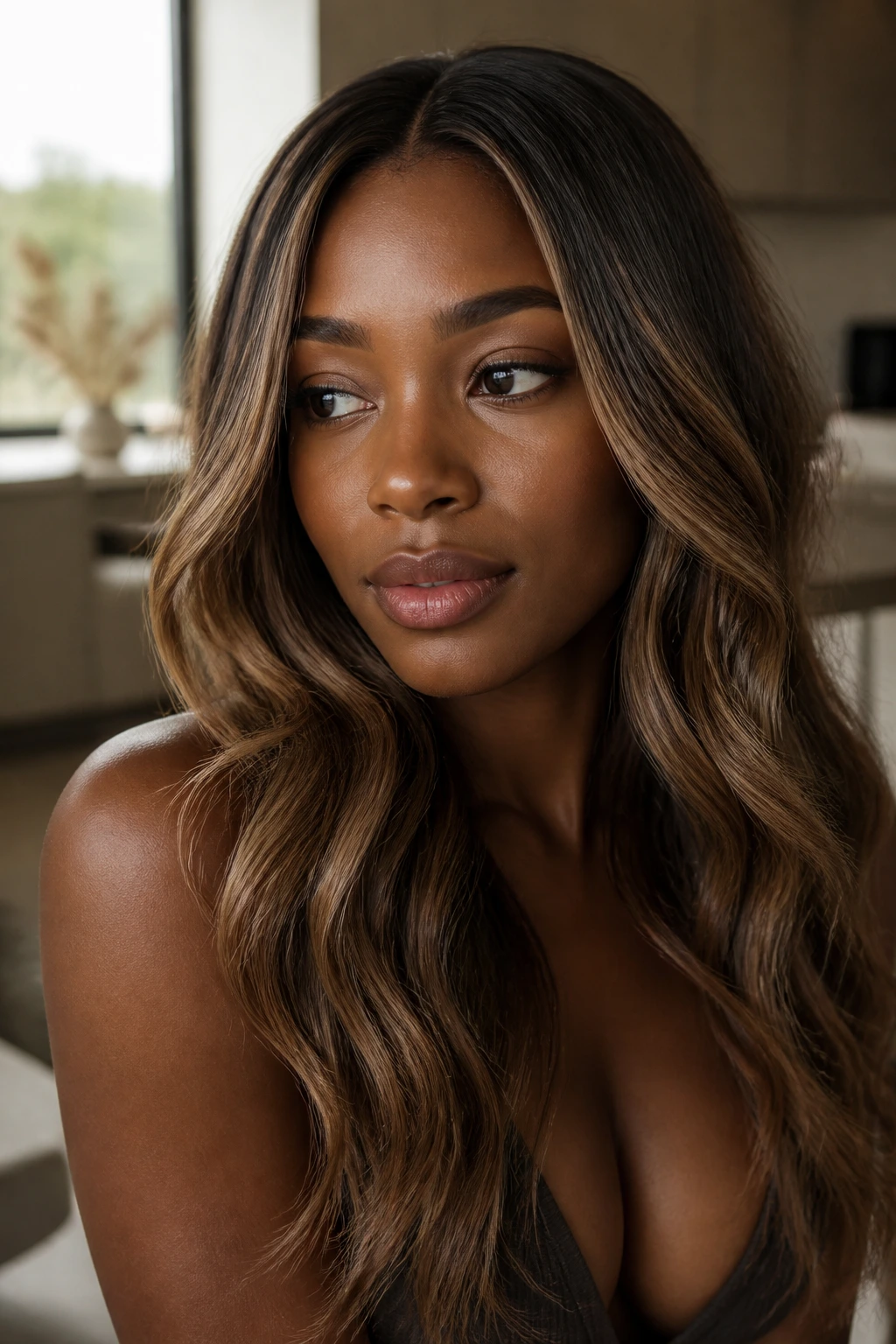 Close-up showing beige caramel blend in hair on deep skin