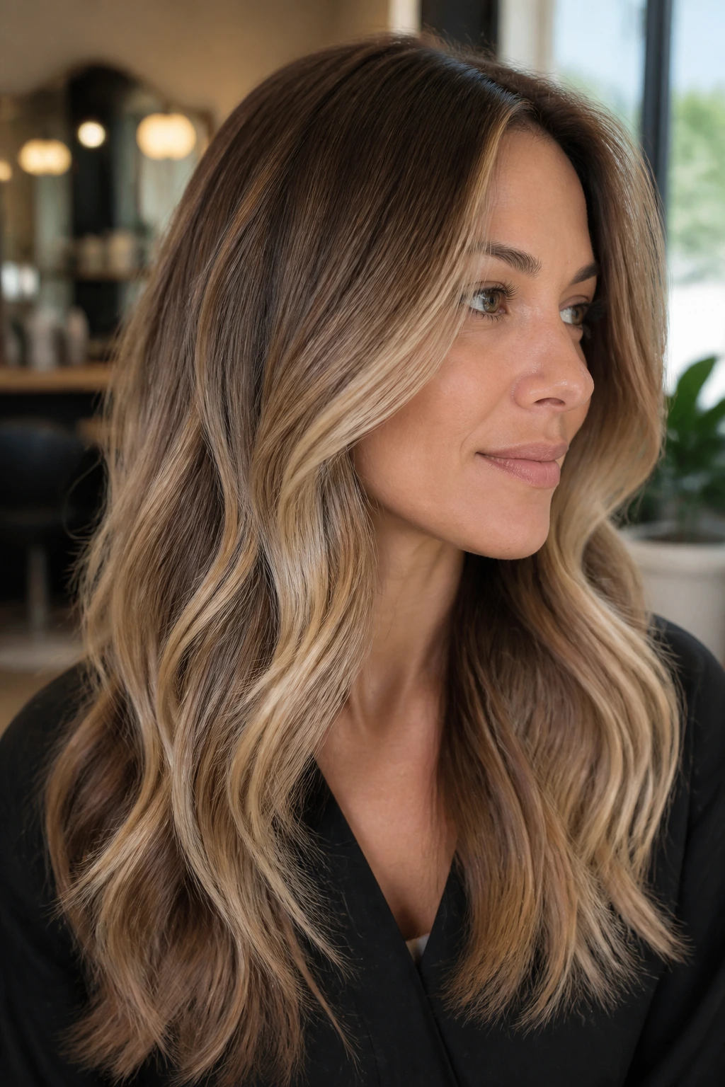Close-up of brunette with sandalwood blonde melt and soft beige-blonde tones.