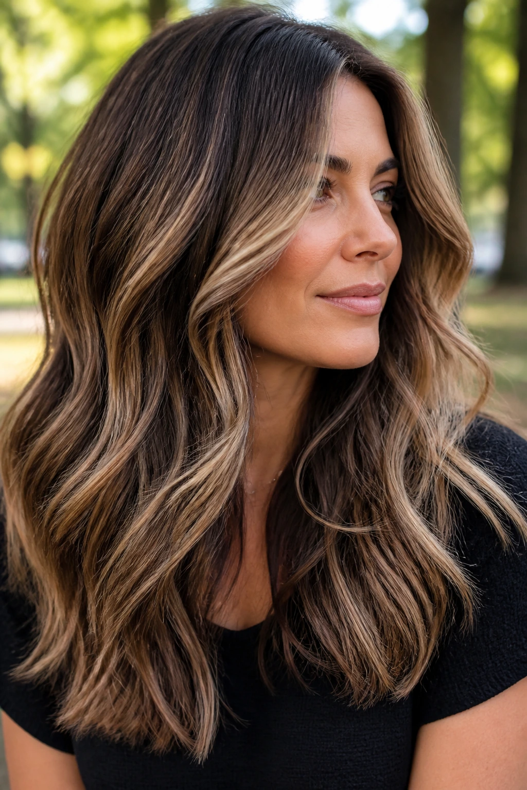 Close-up of real woman's thick hair with sandalwood bronde around the jaw