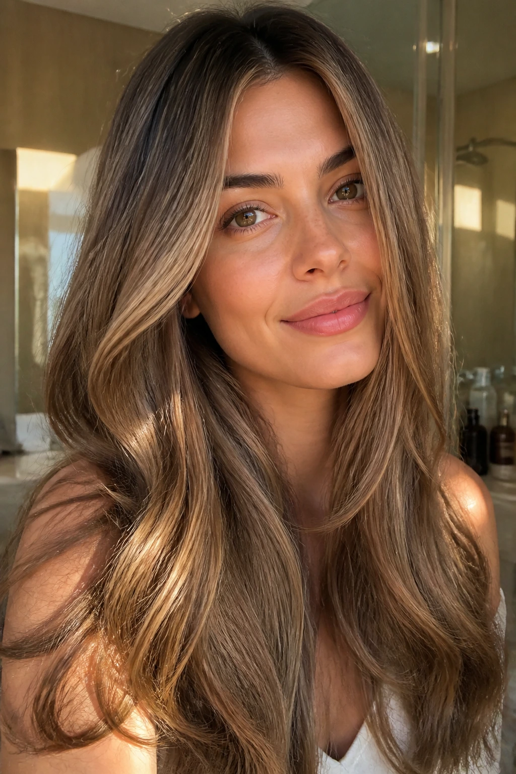 Close-up of a real woman with sandalwood brown beige-gold hair glow