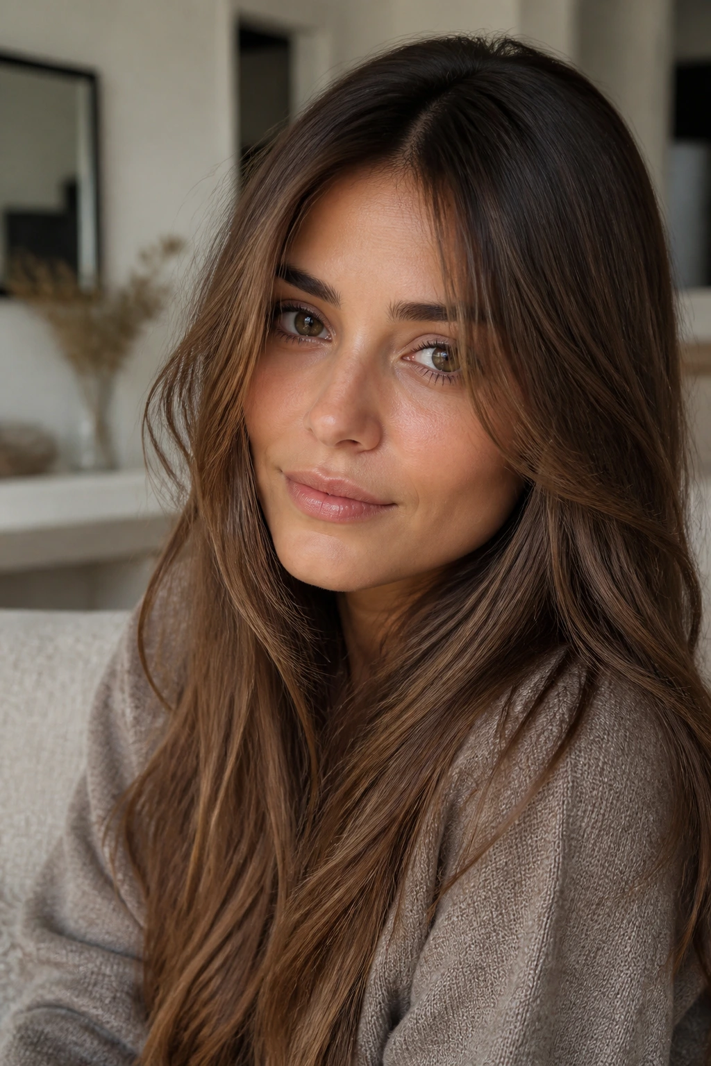 Close-up of sandalwood brown hair with deep roots and muted mids.