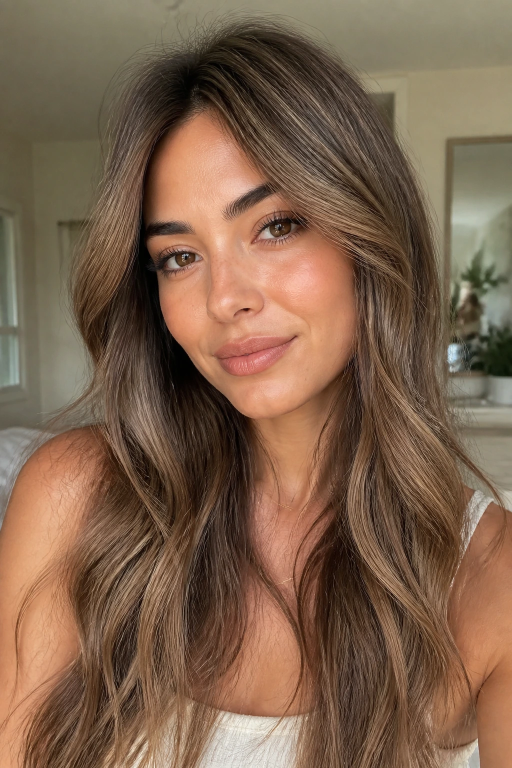 Close-up of a woman with Sandalwood Brown hair in creamy beige tones