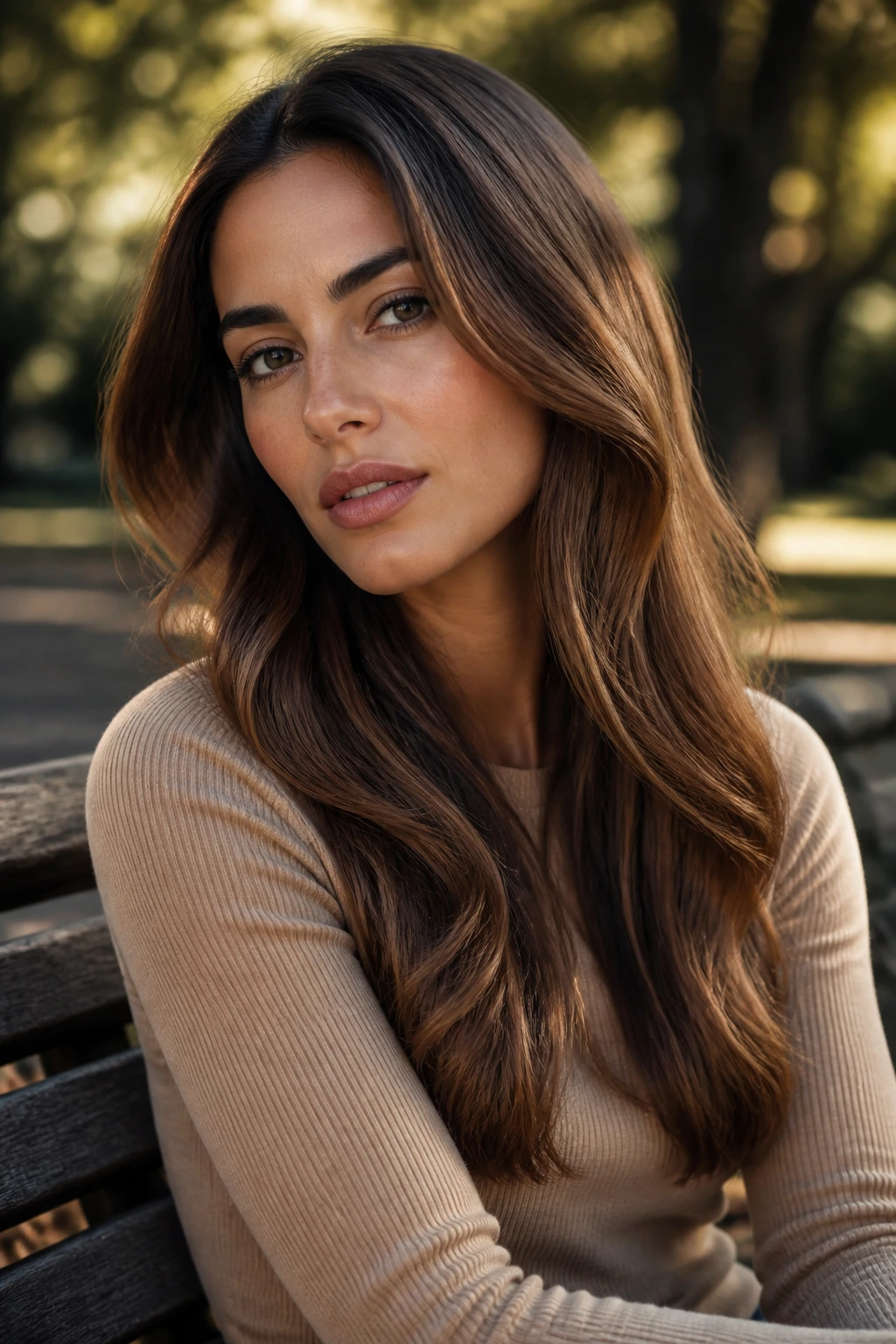 Close-up portrait of a woman with sandalwood brunette hair and beige balance in natural outdoor light