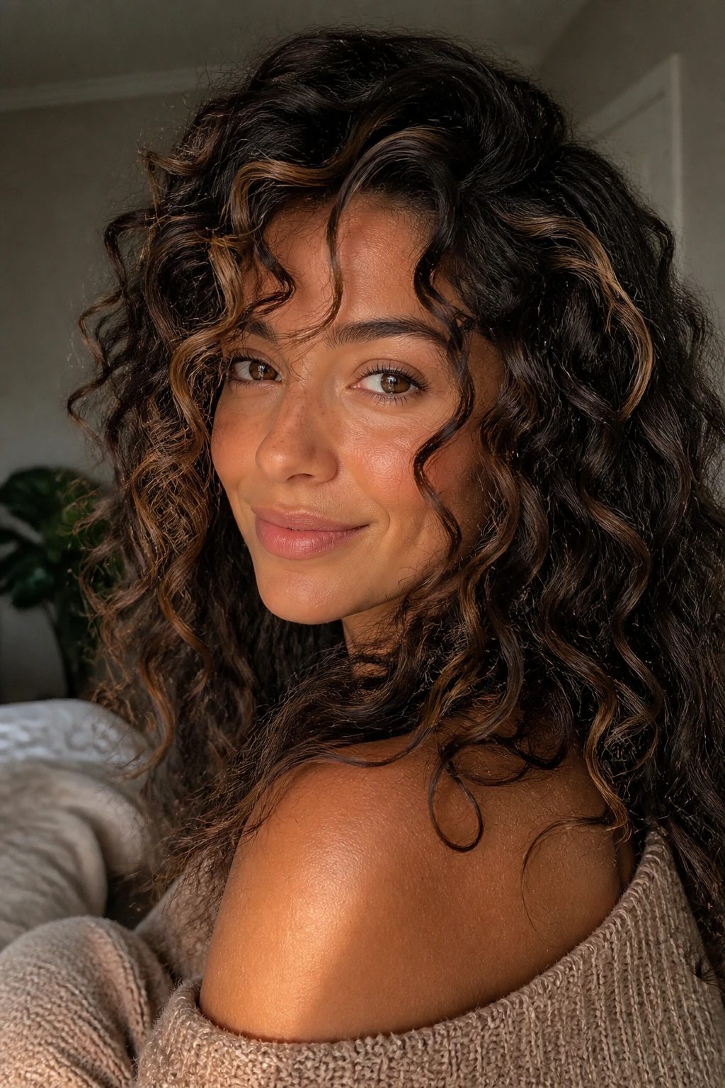 Close-up of a real woman with dark curly hair showing warm sandalwood highlights around the face