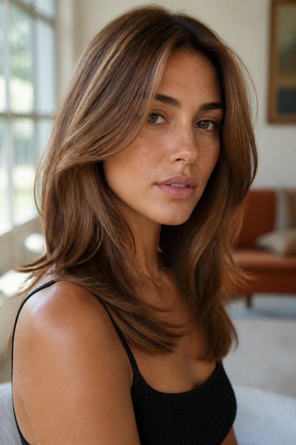Close-up portrait of a real woman with sandalwood layered midlength hair