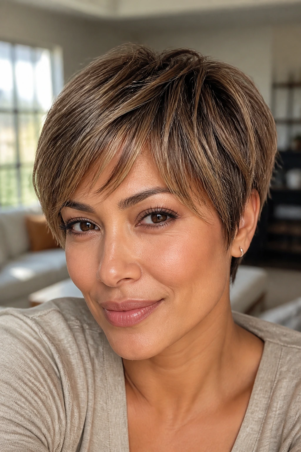 Close-up portrait of a real woman with sandalwood pixie cut in beige-brown tones under bright light