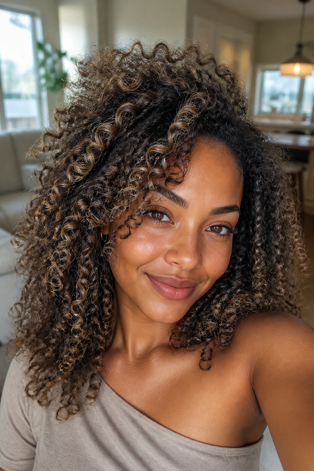 Close-up of a real person with 4A/4B curls showing sanded blonde ribbons on tan skin