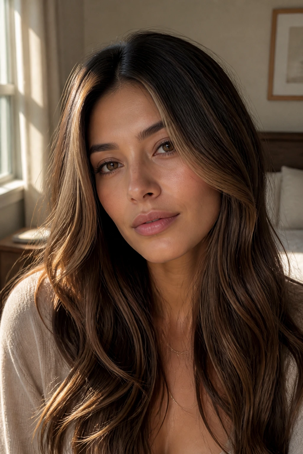 Dark hair with beige sanded caramel highlights