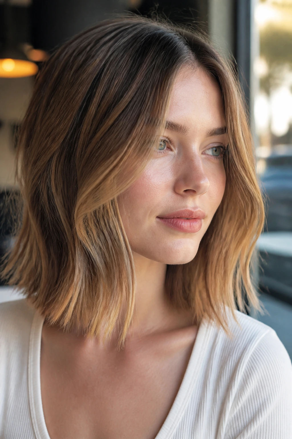 Portrait of a woman with a sanded caramel lob and soft texture