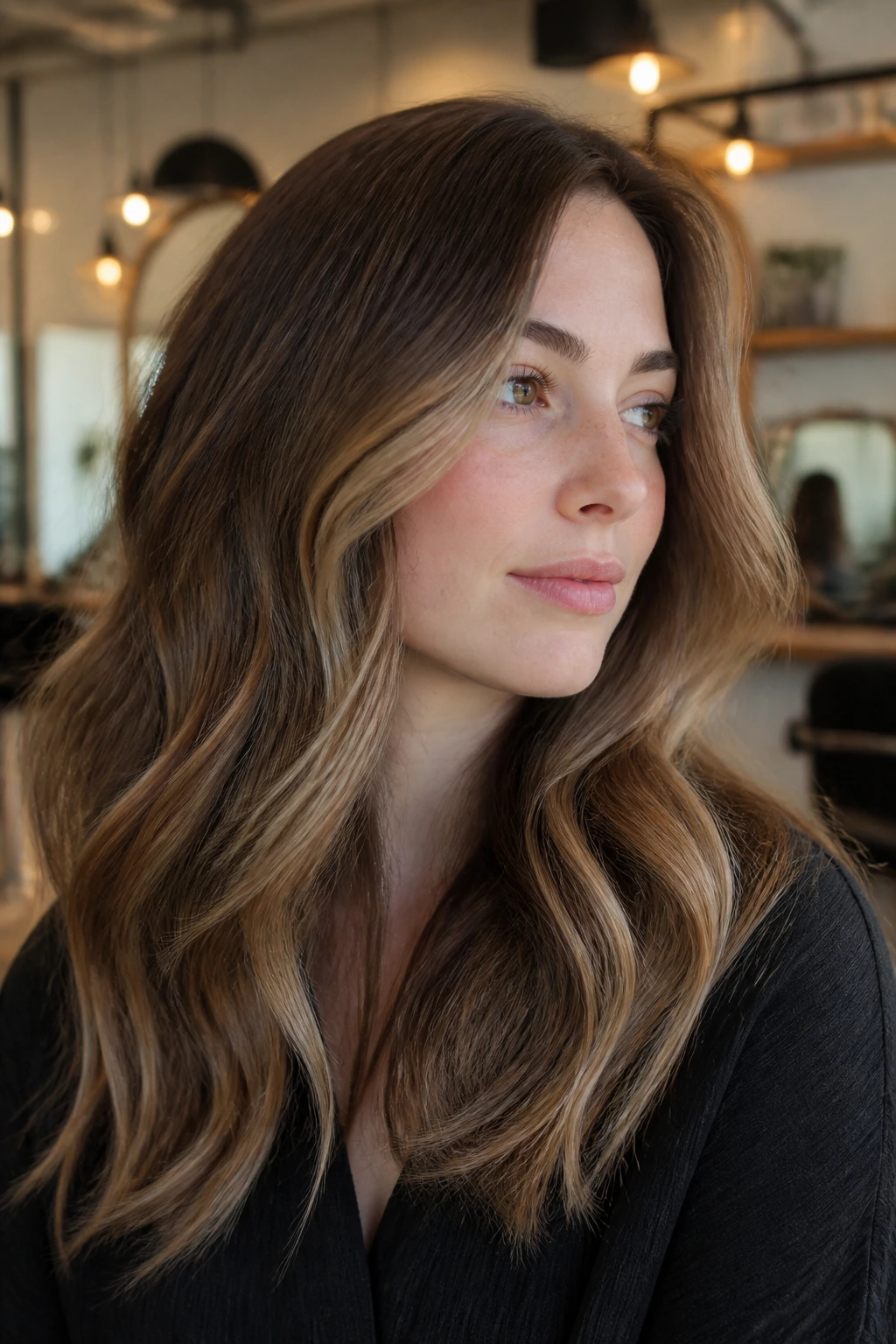 Close-up of sanded chestnut balayage with beige gloss framing the face.