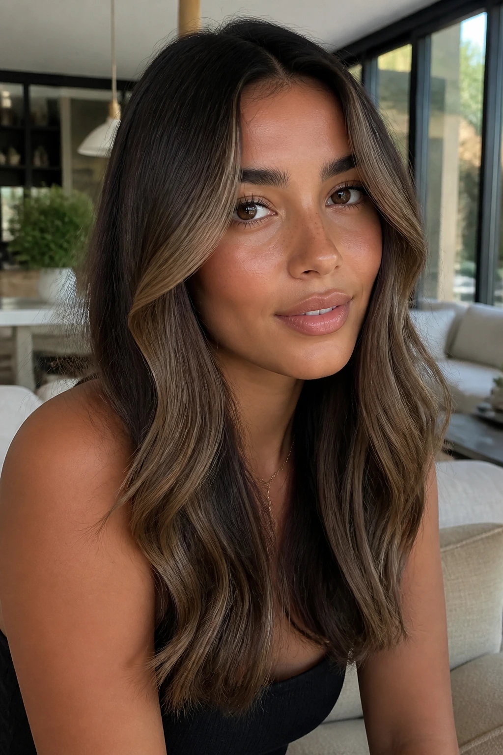 Close-up of a real woman with sanded mocha face frame on tan skin