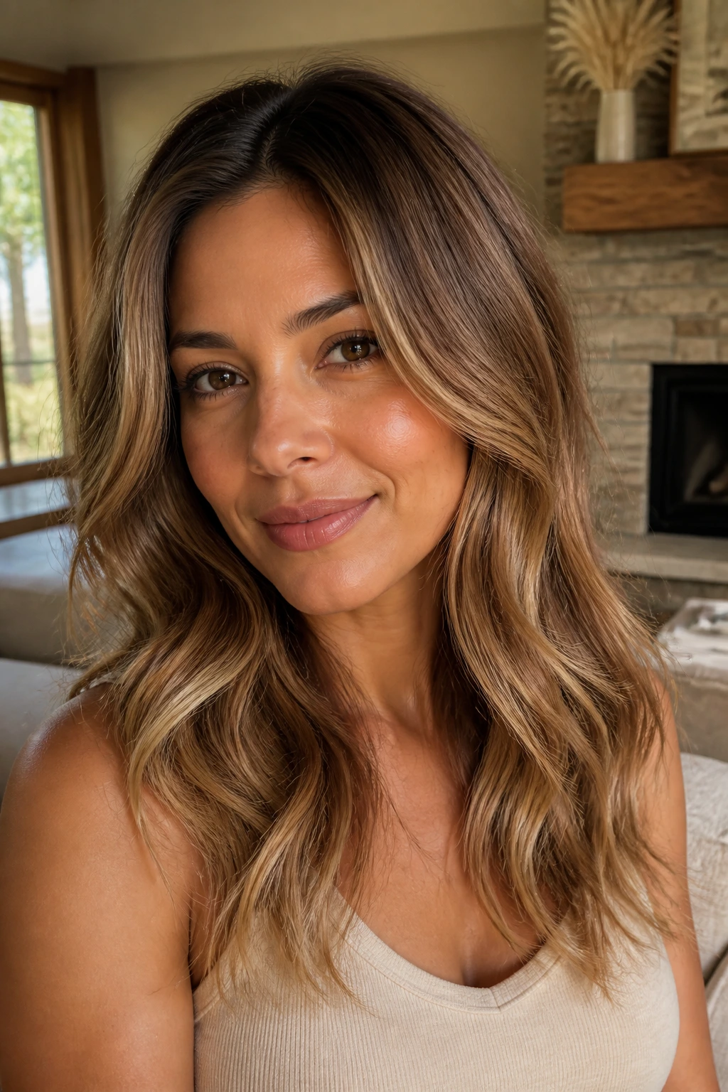 Sandstone balayage with beige-brown tones on olive skin
