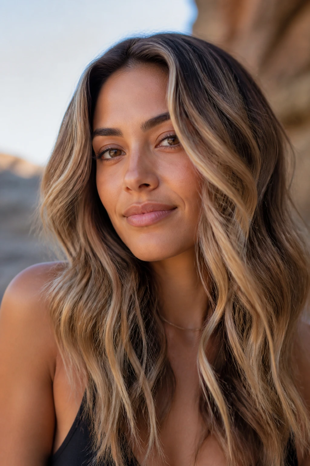 Close-up of medium-skinned woman with sandstone balayage in warm beige brown gold tones.