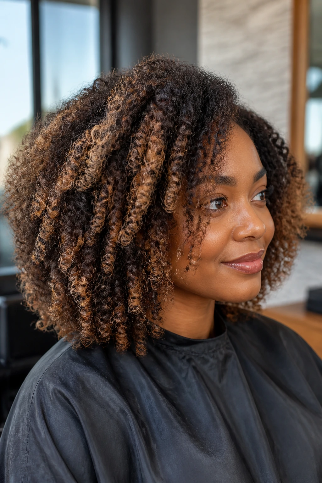 Close-up of real person with sandstone balayage on coily hair