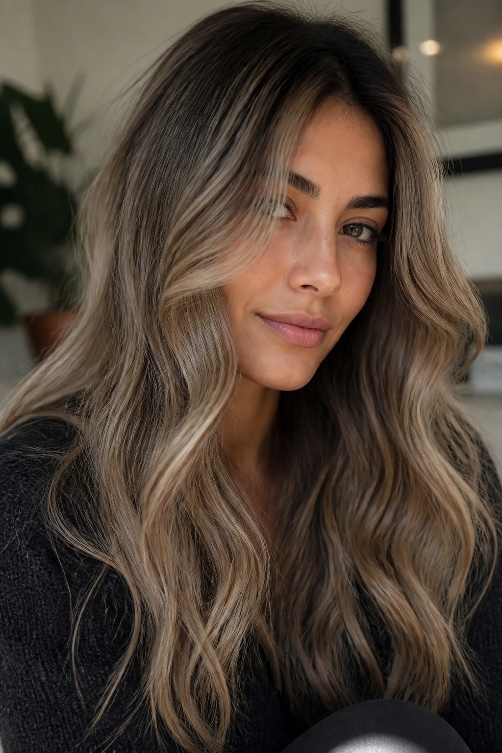 Close-up of a real woman with sandstone balayage and deep roots on olive skin