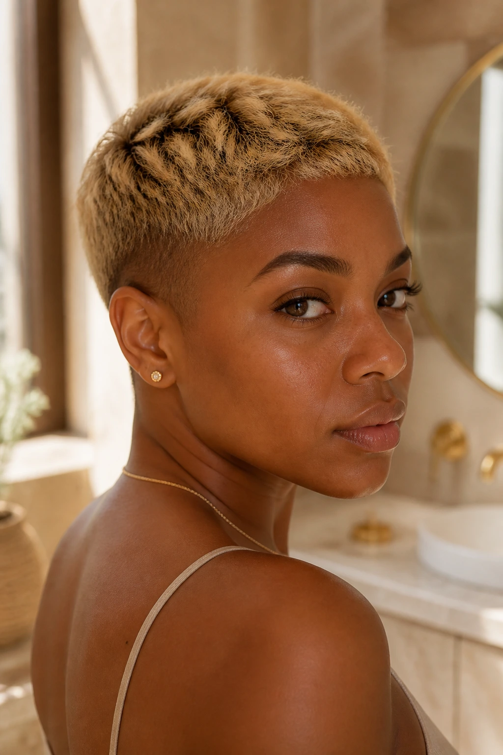 Close-up portrait of a person with sandstone blonde crop showing lighter top and darker nape