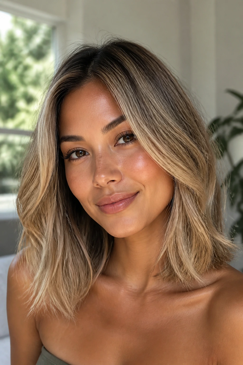 Close-up portrait of a real woman with sandstone blonde shoulder-length hair