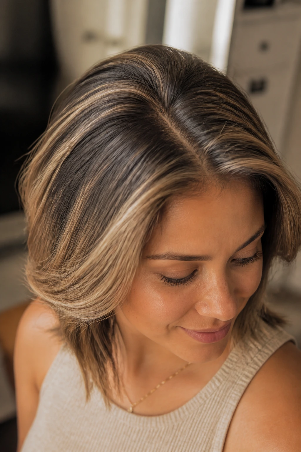 Close-up of sandstone bronde crown highlight on a real woman with medium skin