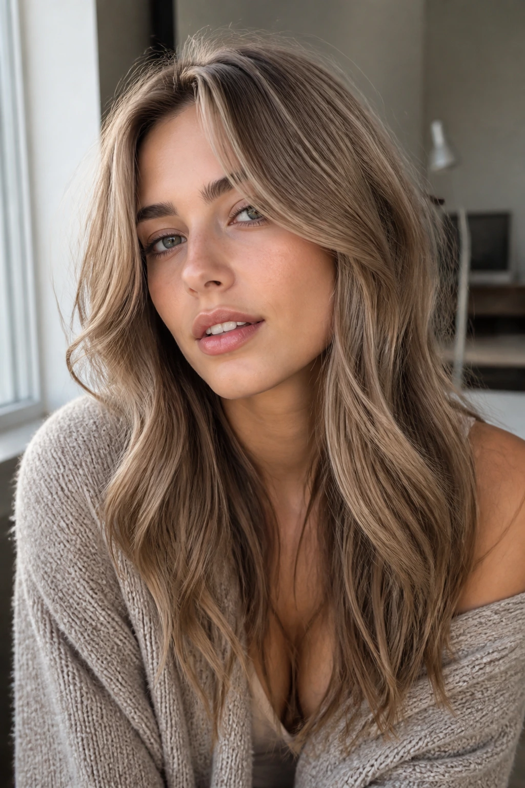 Close-up portrait of real person with sandstone brown hair featuring beige ash blend