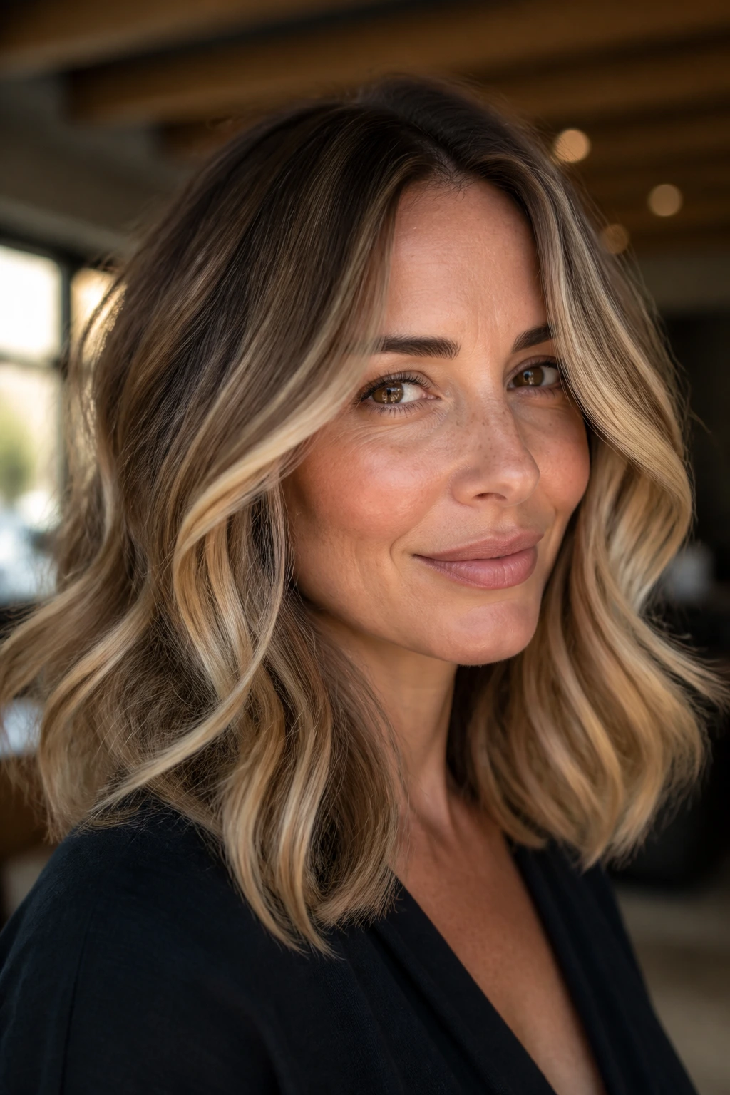 Close-up portrait of a real woman with sandstone brunette hair and buttercream highlights